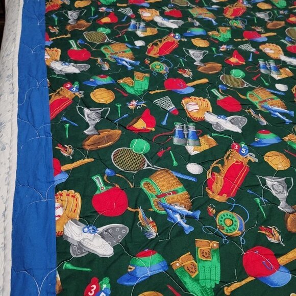 Handmade Baseball Logo Blue Multicolored Bed Quilt Comforter Twin Size - Picture 3 of 7
